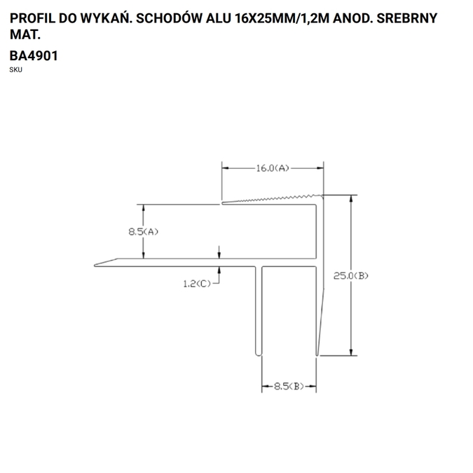 Profil schodowy aluminiowy 16x25 mm 1,2 m – anodowany srebrny matowy
