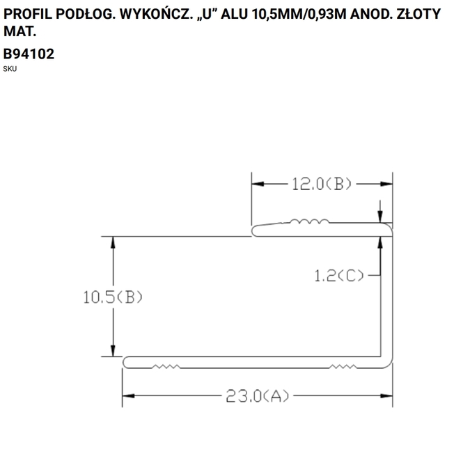 Profil zakończeniowy aluminiowy do paneli podłogowych „U” 15,5 x 930 mm anodowany złoty matowy