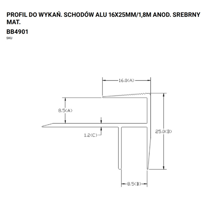 Profil schodowy aluminiowy 21x30 mm 1,2 m – anodowany srebrny matowy